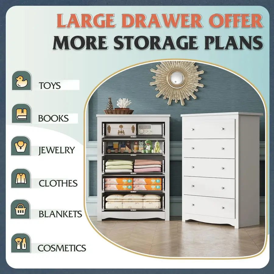 خزانة بيضاء لغرفة النوم، 45 طويلة 5 أدراج خزانة ذات أدراج خشبية، خزانة تخزين وأدراج تنظيم لغرفة المعيشة، هال
