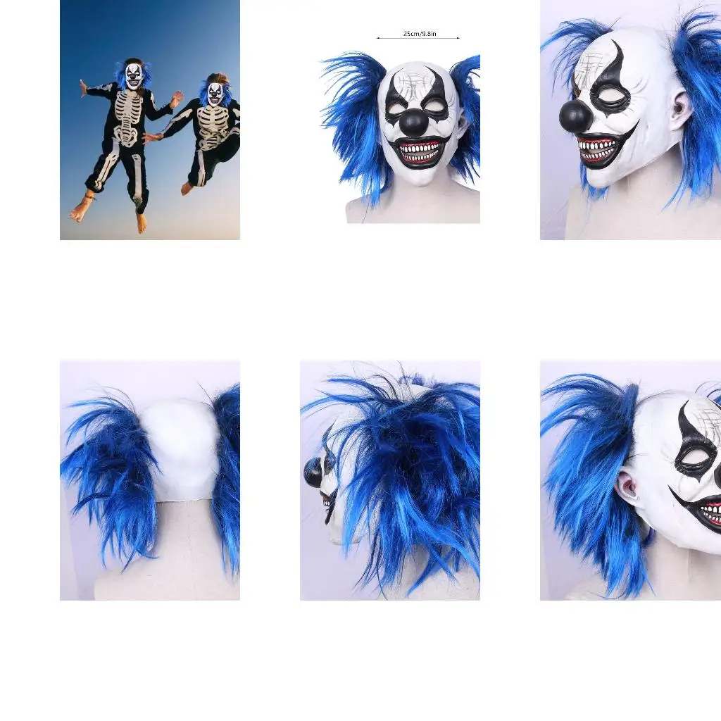 

Реалистичные латексные синие волосы, улыбающаяся маска клоуна, Хэллоуин, дом с привидениями, головные уборы с привидениями,