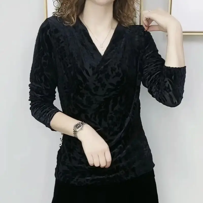 Stylish Jacquard Weave Pullovers Casual Long Sleeve Female Folds 2025 Spring Autumn Elegant V-Neck Asymmetrical Spliced T-shirt