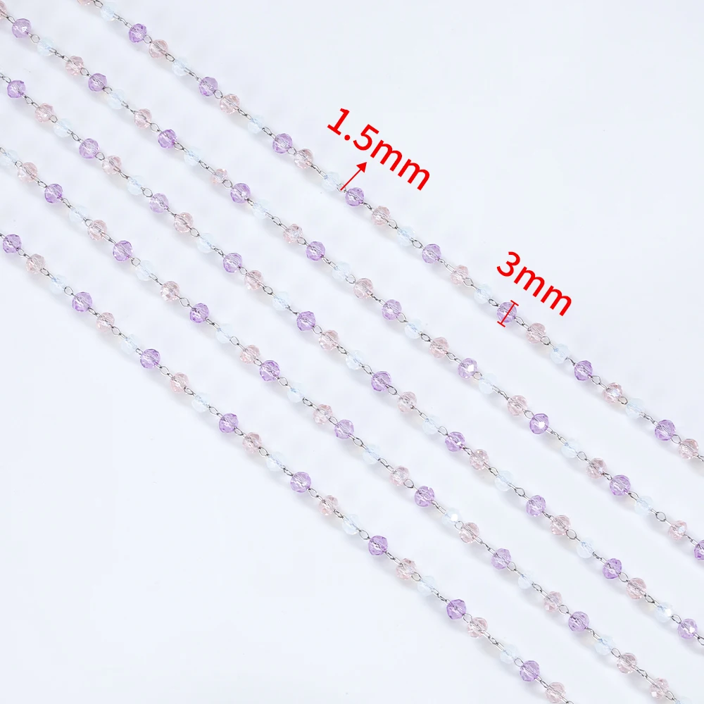 1M 3mm Purple Crystal Ball Beaded Chain Stainless Steel Necklace Chain for Jewelry Making DIY Daliy Bracelets Charm Accessories