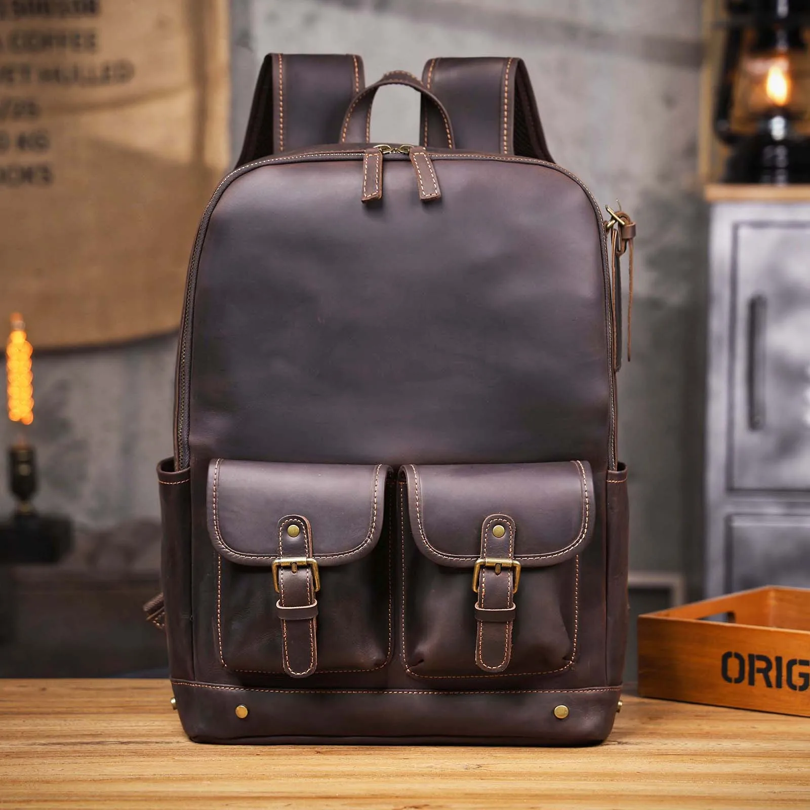 S.WORKER Vintage Echtleder-Rucksack 16" Laptop-Tasche Lässige Crazy-Horse-Leder-Schultasche Outdoor-Reise-Weekender-Tasche – Detail 11