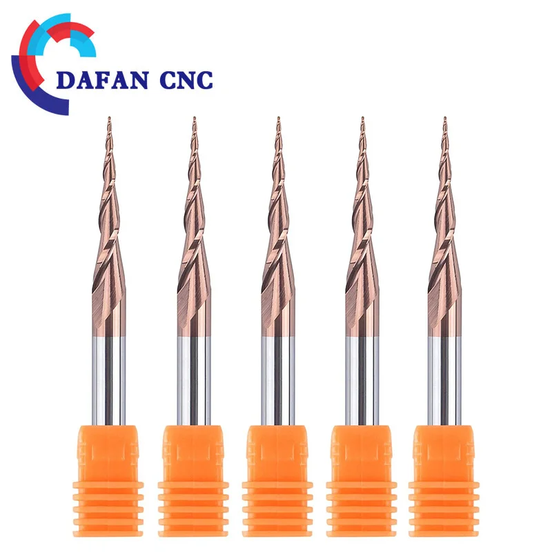 

5 шт., 2-зубая коническая сферическая концевая фреза, твердосплавная фреза с покрытием TiAlN для 3D резьбы по дереву/металлу