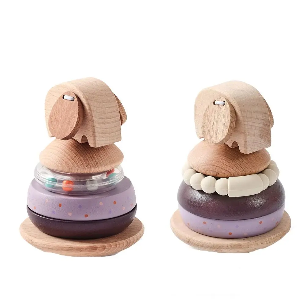 Wooden Baby Pole Stack Toy Montessori Stackable Animal Blocks Educational Toys Puzzle Ferrule Elephant Bell Teething Toy