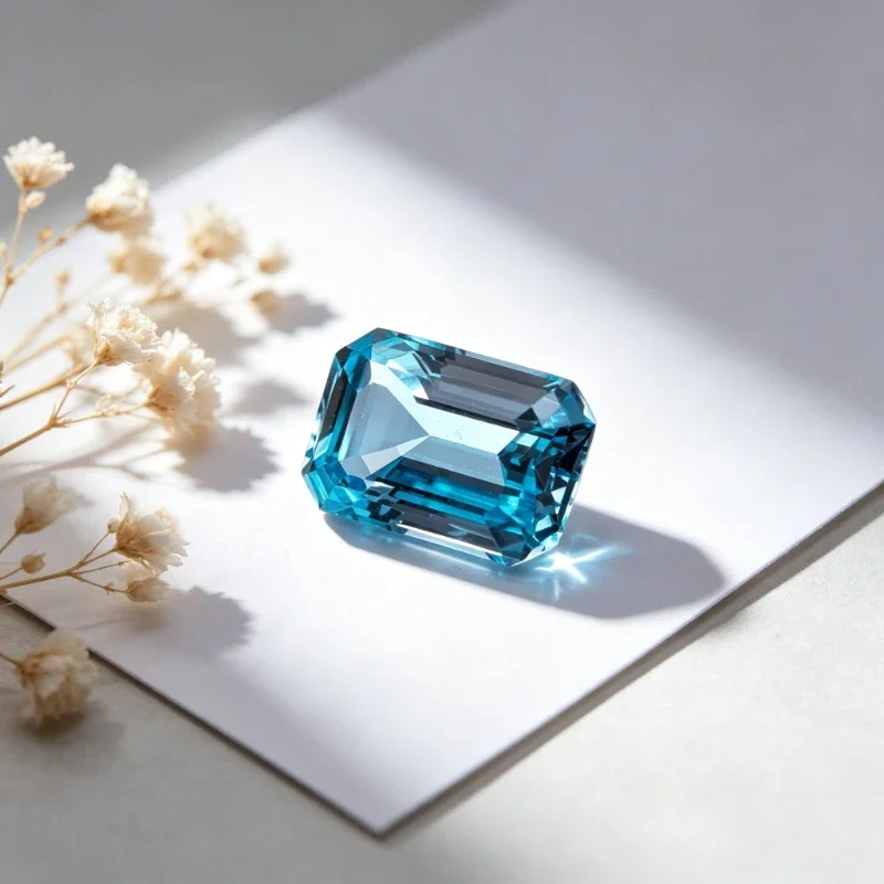 Laborgezüchteter Saphir in Smaragdform mit Aquamarin-Farbe und Zertifikat – Detail 4