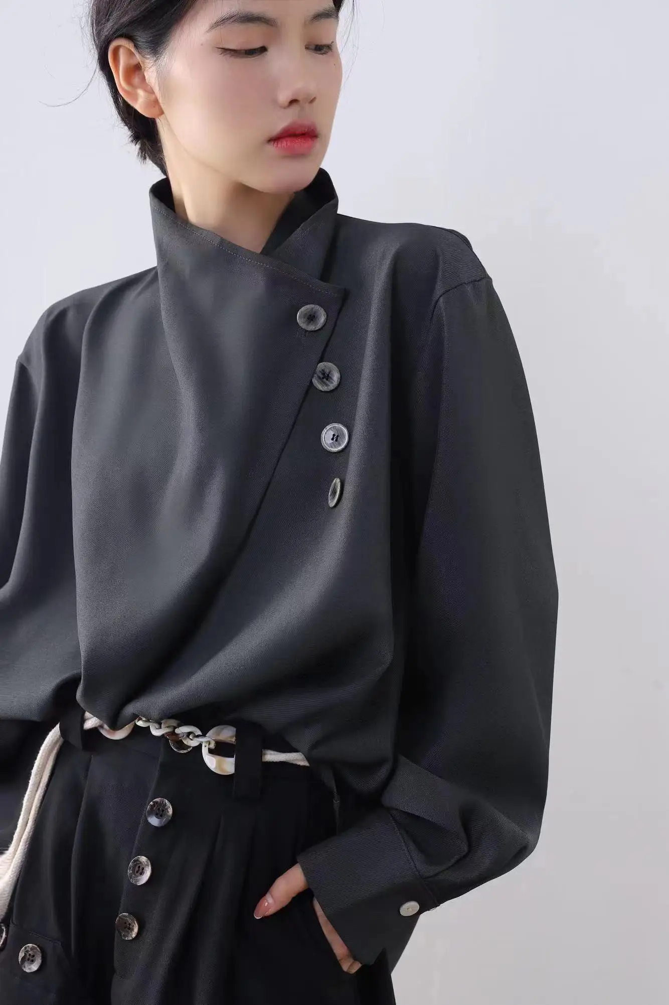 

Dark 2026 Original Design Unique Style Men Women Spring Autumn New Version Asymmetric High-End Feeling Shirt Polyester Fiber