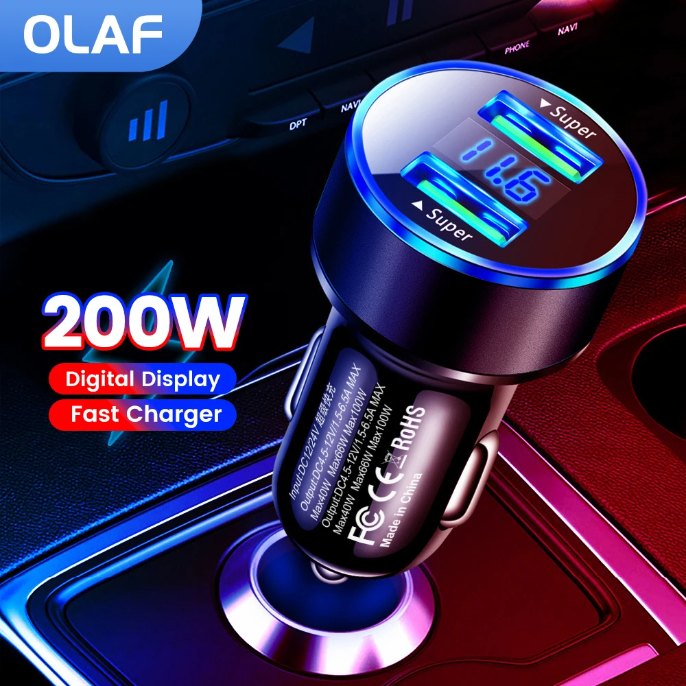 200W Car Charger Dual USB Ports Super Fast Charging with Digital Display Quick Charging Adapter For IPhone Samsung Xiaomi Huawei