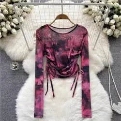 Pink One Shoulder Long Sleeve Crop Top Y2k Women Patchwork Gothic T Shirts Ladies Ribbed Knitted Cropped Tshirts 90s Streetwear