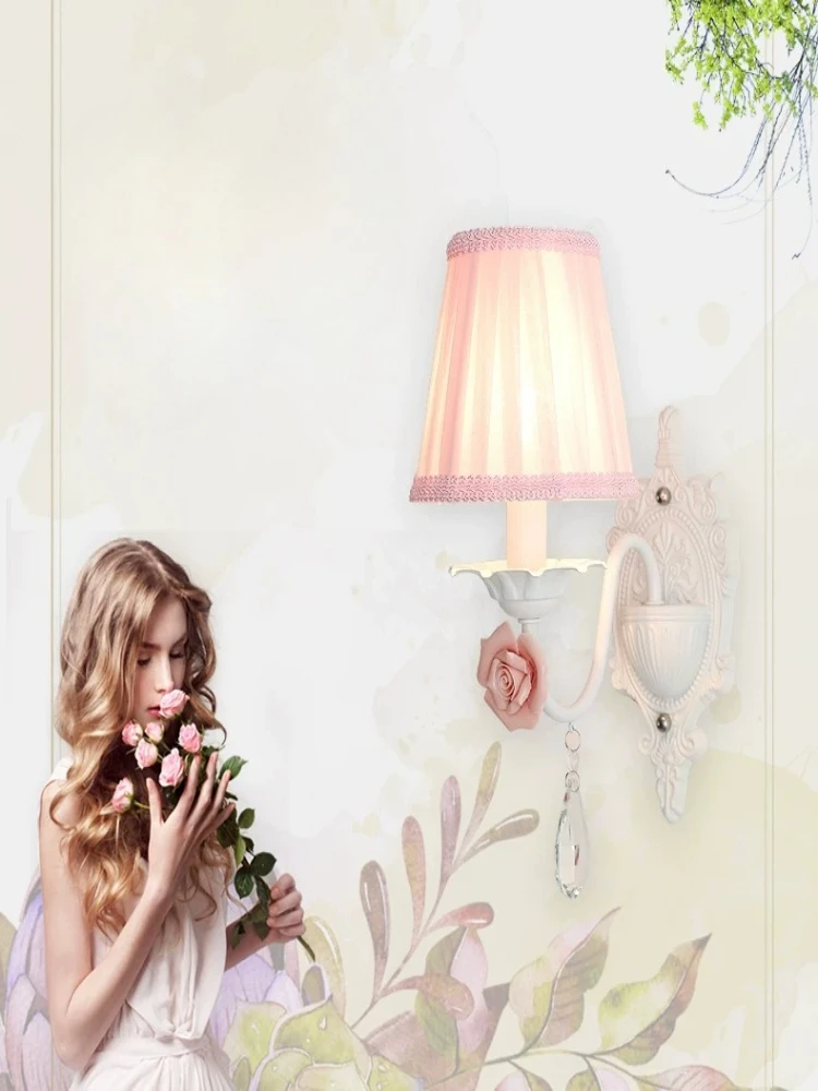 Countryside European style flower crystal wall lamp, bedroom bedside lamp, living room background wall decorative lamp