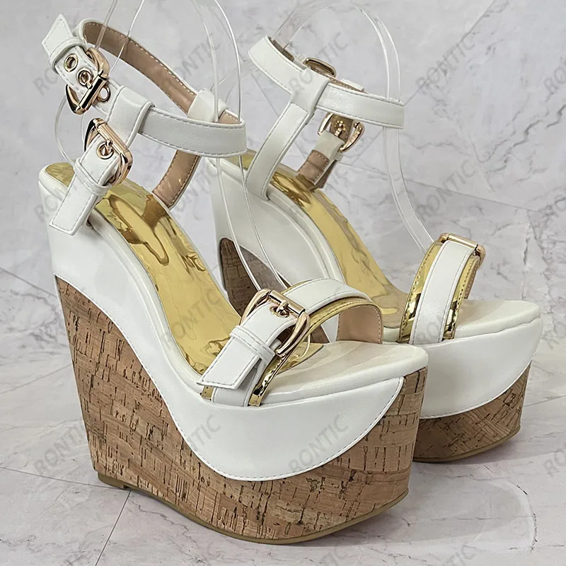 Rontic Handmade Women Gladiator Platform Slingback Sandals Wedges Heels Round Toe Gorgeous Gold Party Shoes US Plus Size 4-15