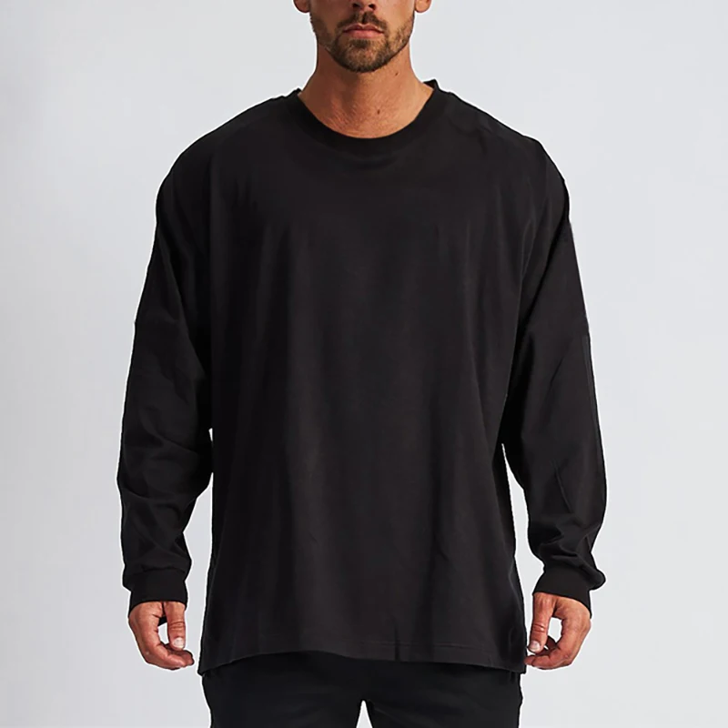 Einfarbige, übergroße, lockere Langarm-T-Shirts für Herren, Workout, Muskel, Bodybuilding, Sport-Shirts, Fitnessstudio, Fitness, atmungsaktive Baumwollkleidung