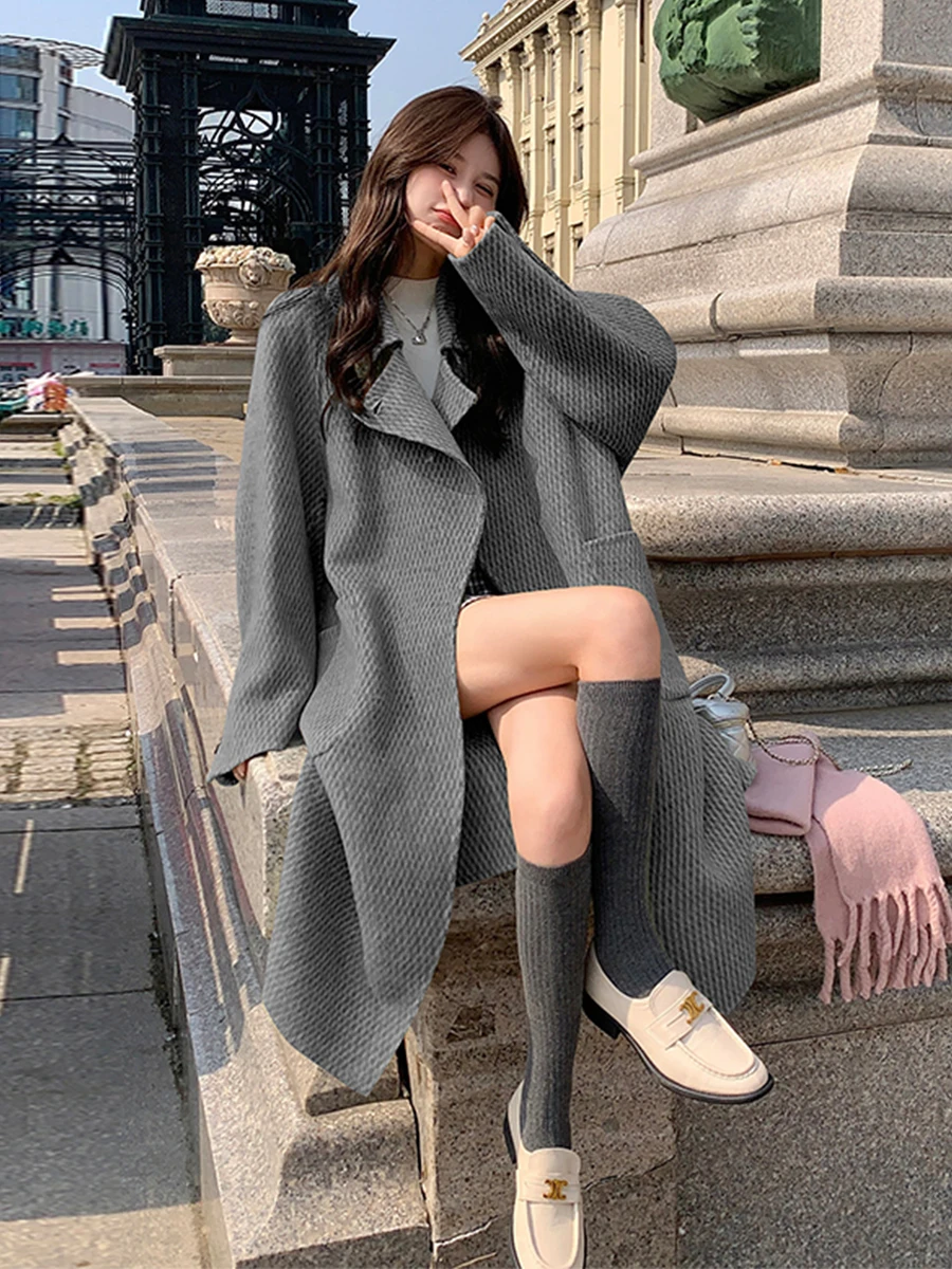 Casaco de Lã Feminino de Comprimento Médio Outono Inverno Novo Design Coreano Sensação de Alta Qualidade Jaqueta Longa Reta...