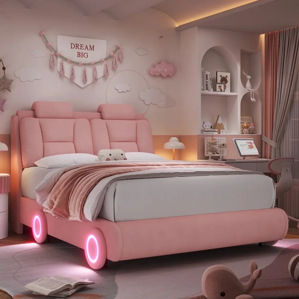 

Kids Full Adjustable Headboard Contemporary Velvet Platform Bed with Removable Pillow,Wheel Shaped Platform Bed