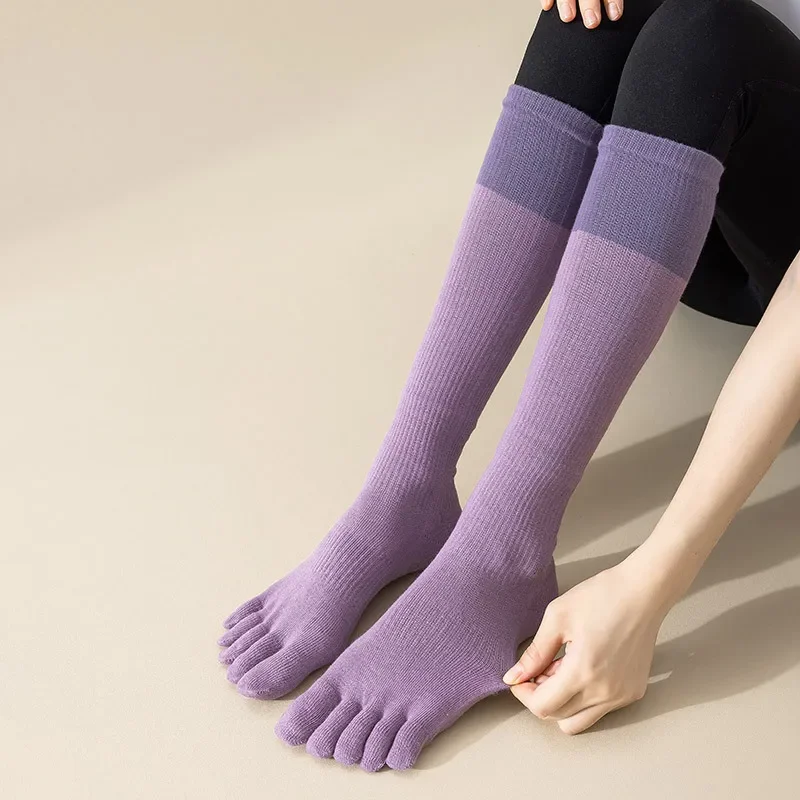 Women Five Toes Pilates Yoga Socks Professional Silicone Anti-slip Fitness Sports Socks Solid Color Cotton Knee Socks Stockings