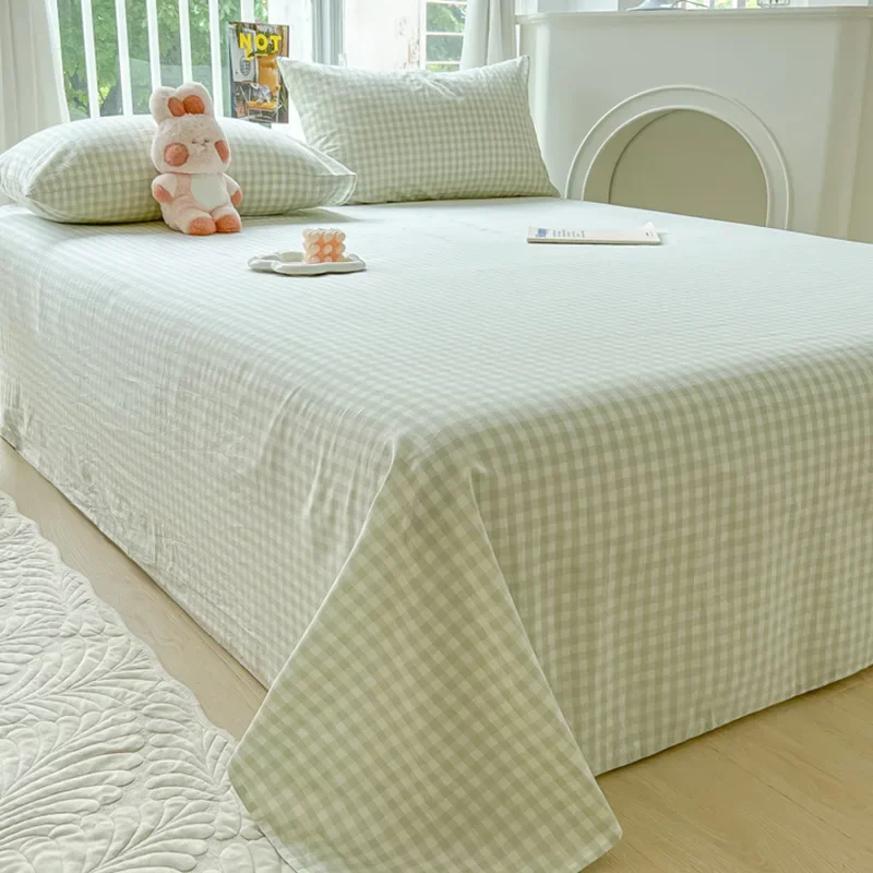 Japanese Checkered Single Bed Sheet Home Dorm Bed Cover for Queen Double Machine Wash Skin-Friendly Bed Linen for All Seasons