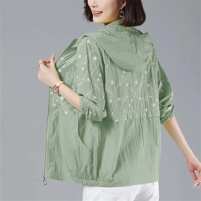 

2023 Summer New Women Jacket Thin Coat Sun Protection Clothing Fashion Casual Loose Hooded Female Jackets Outerwear 5XL