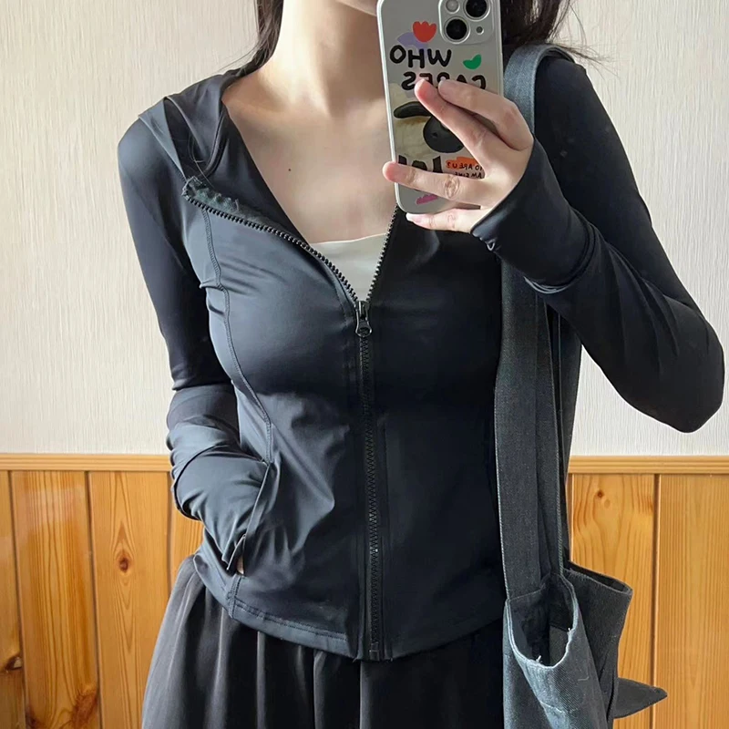 Gidyq Y2K Summer Women Thin Sweatshirt Korean Fashion Zipper Slim Fit Sun Protection Shirt Casual All Match Female Coat New