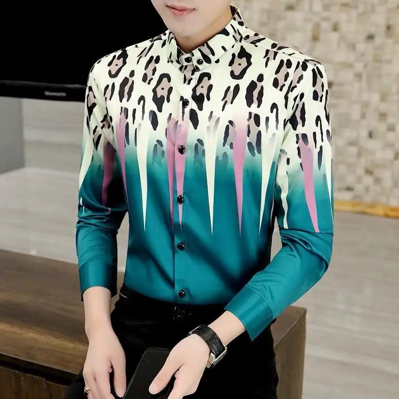 Personality Spring Long Sleeves Nightclub Handsome Korean Printing Flip Collar Color Collision Fashion Casual Affordable Tops