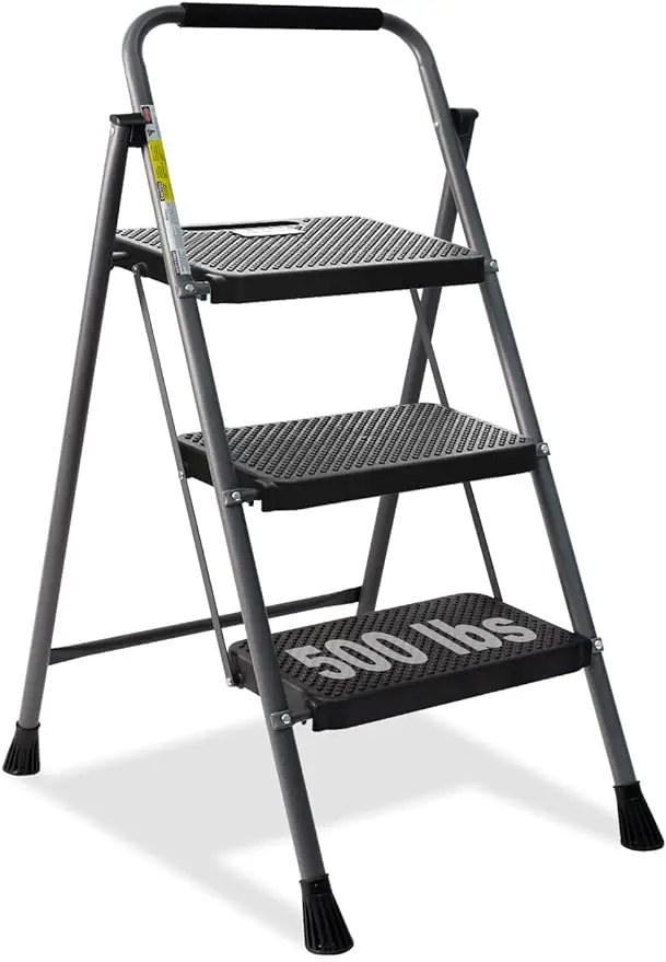 Golston-escalera plegable de 3 escalones, taburete con Pedal ancho antideslizante y práctico agarre de mano, 500lbs de capacidad, escalera de acero gris