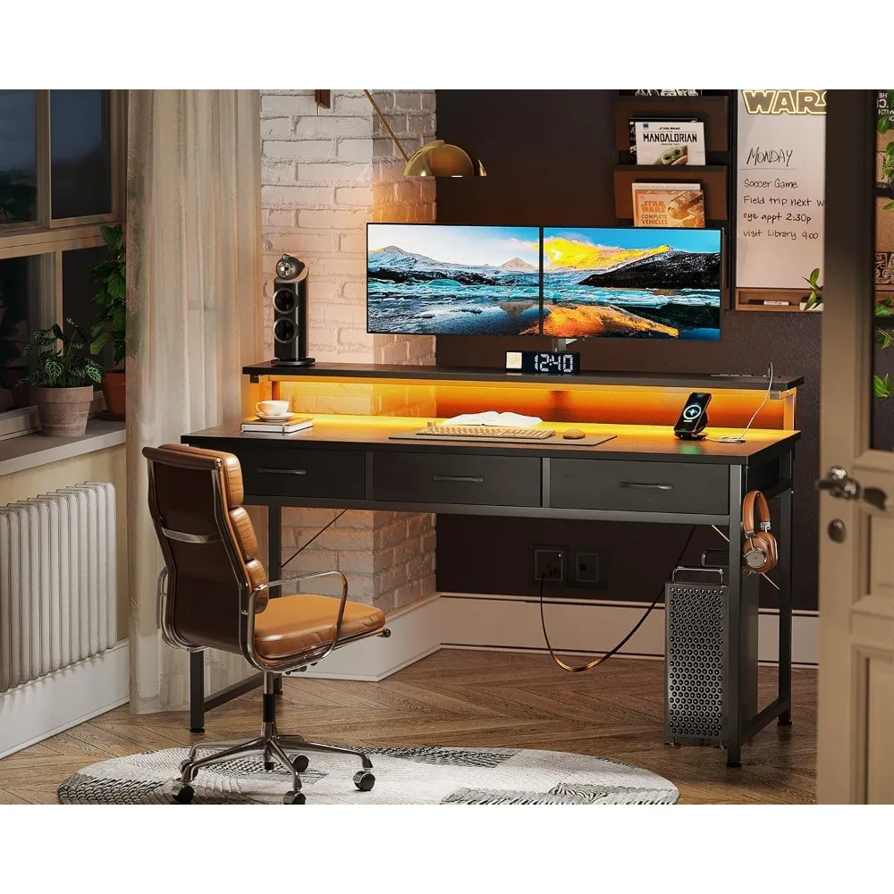 54 Inch Computer Desk with 3 Drawers and USB Power Outlets, Home Office Desks with LED Lights and Adjustable Monitor Stand