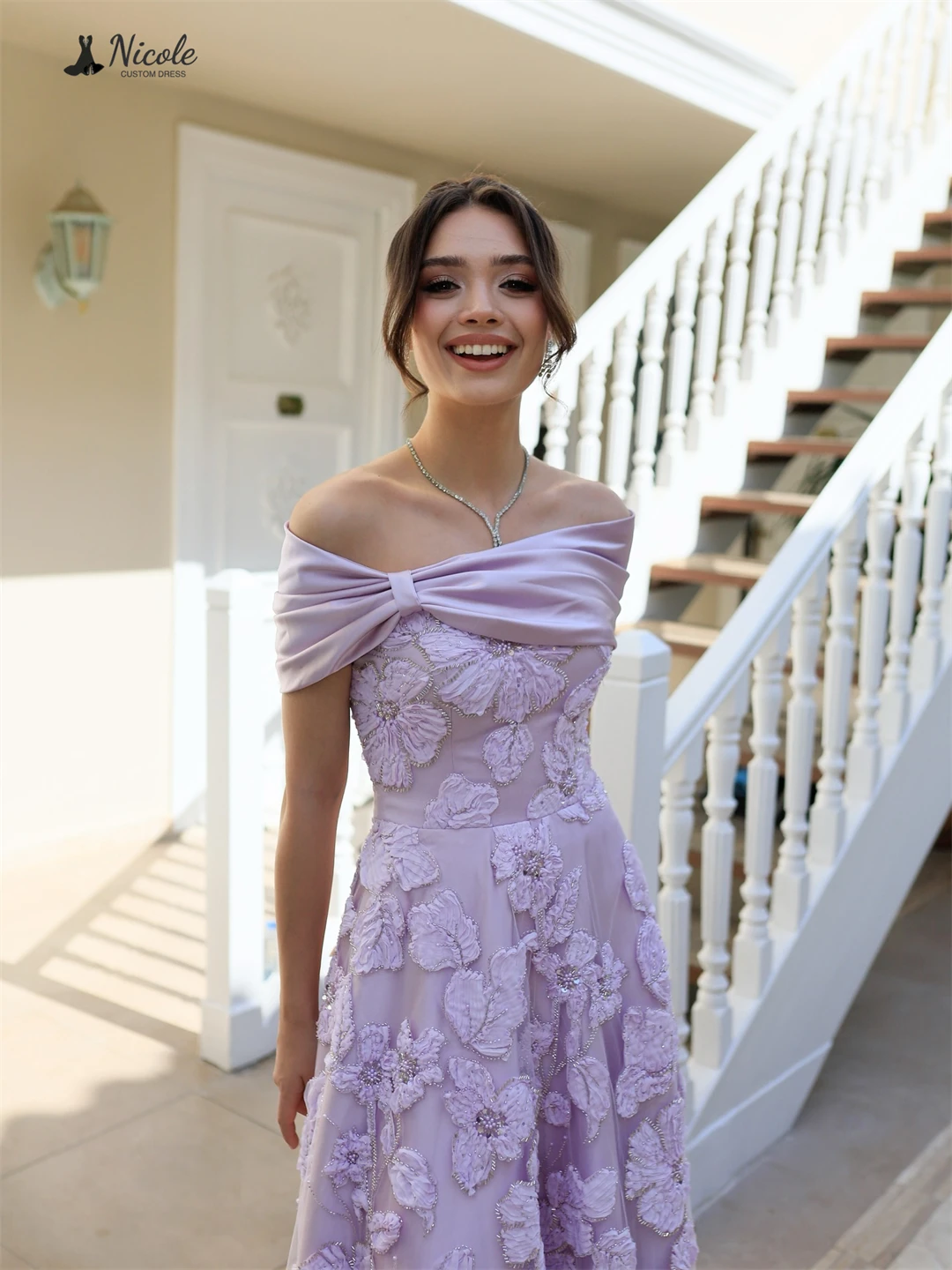 نيكول فساتين الحفلات المسائية الأنيقة الفاخرة 2025 فستان سهرة فاخر مصنوع حسب الطلب 2D التطريز الزهور خط كتف البطاقة #3