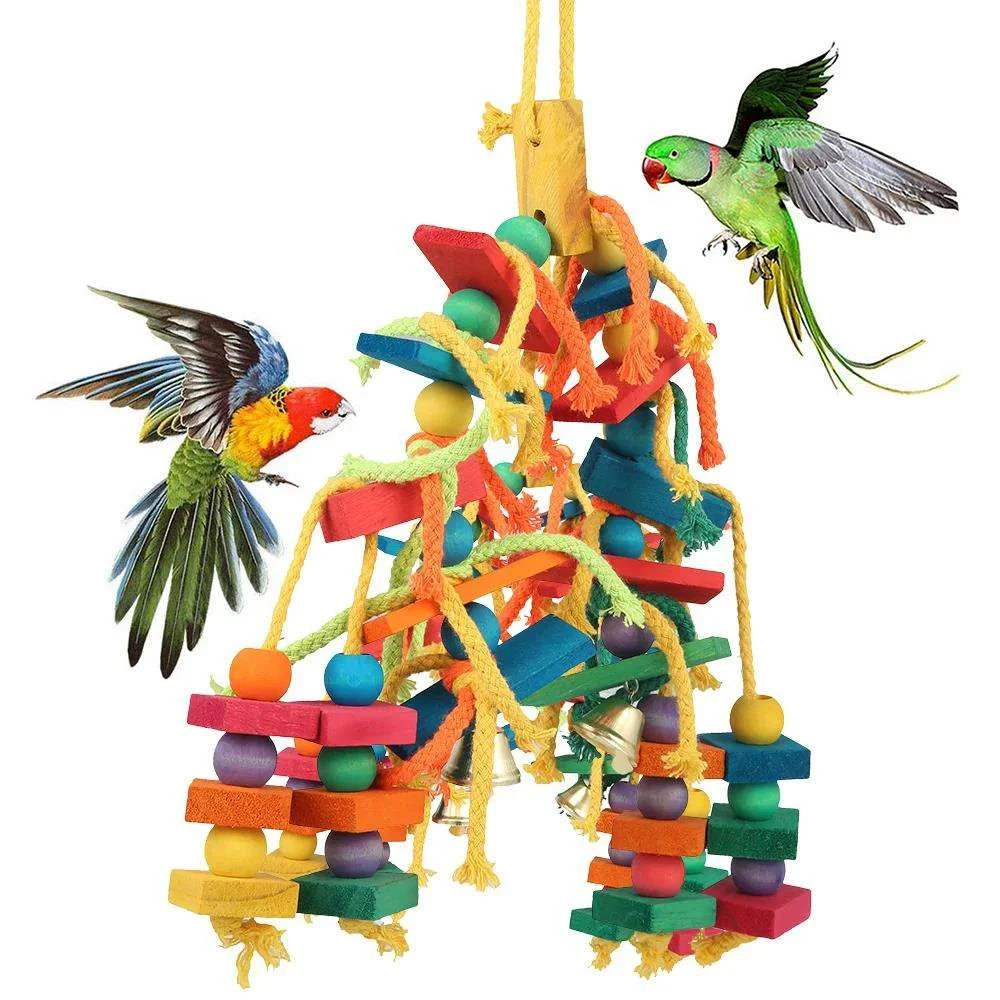 Safe Parrot Chew Toy with Hook Colorful Wooden Beads Ropes Natural Blocks Tearing Toys for Small Medium Birds Mini Macaw