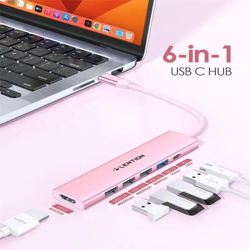 

USB-концентратор LENTION 6 в 1 с 4K HDMI, 100 Вт, PD-портами