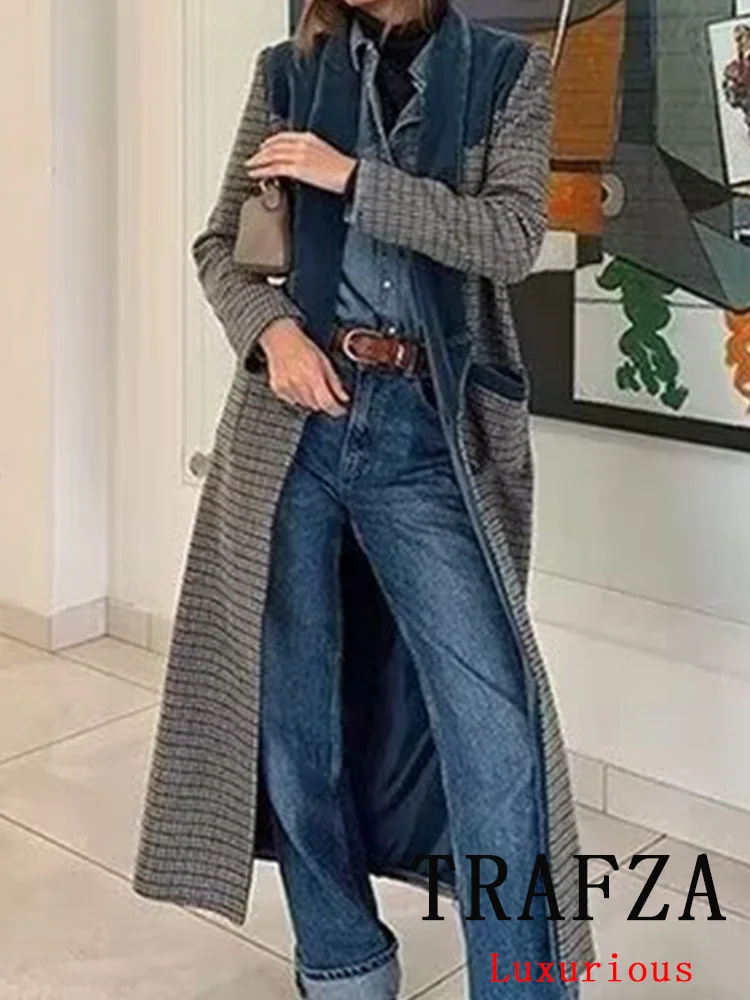 

TRAFZA Vintage Casual Chic Women Overcoat Plaid Turn-down Collar Oversized Long Jackets Fashion 2024 Autumn Winter Thick Coats