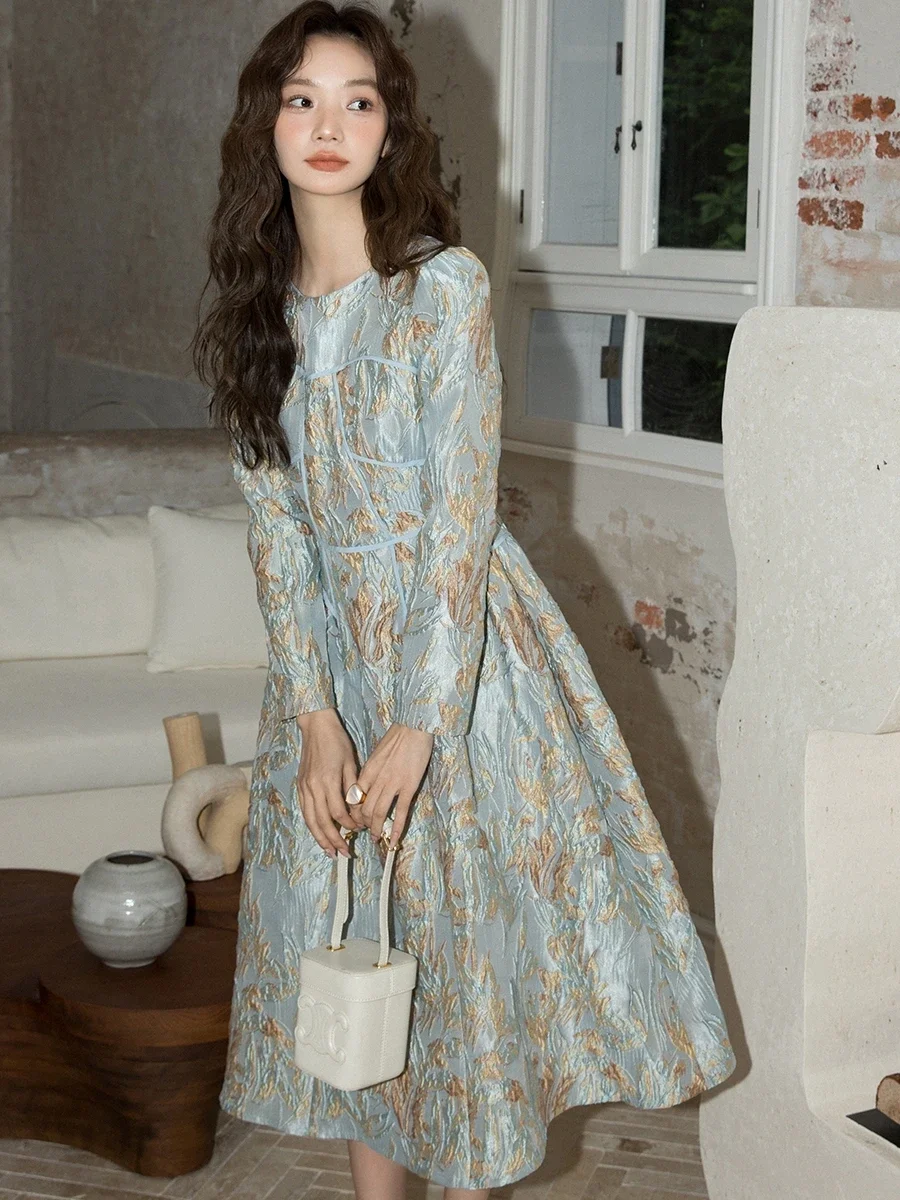 Vintage Palace Jacquard Dress 2025 New Spring Summer Mid-long Blue A-line Dress Elegant O-neck Long Sleeve Female Formal Dress