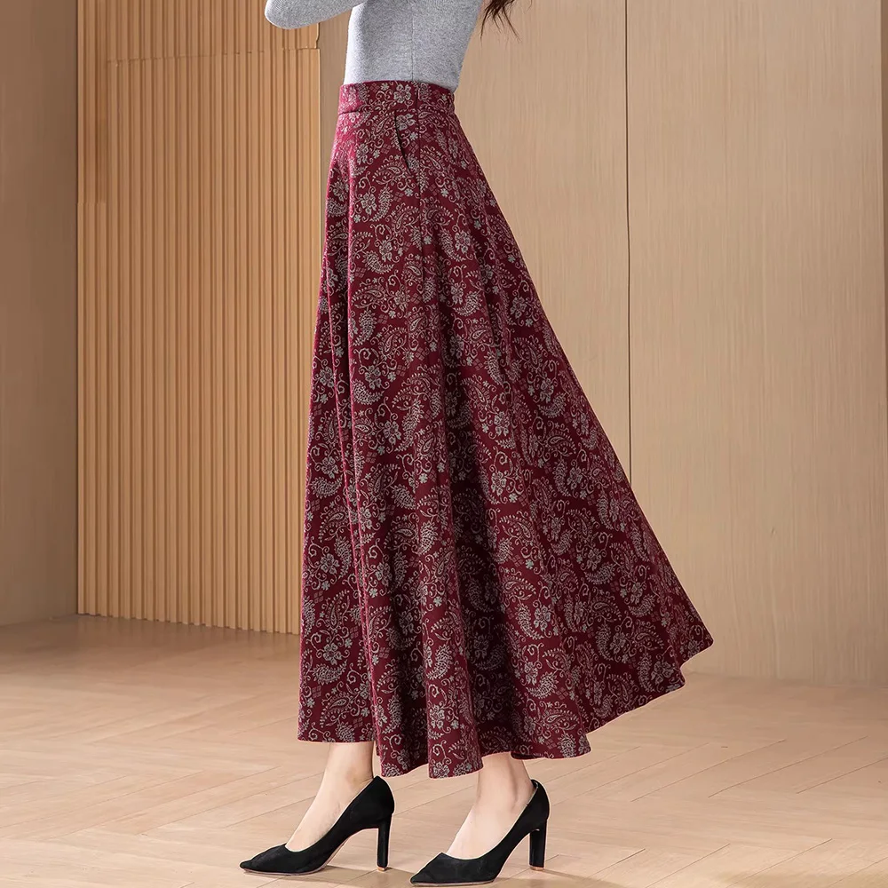 New Women Print Woolen Skirt Autumn Fashion High Waist A-line Vintage Floral Long Skirt Simplicity Elegant Daily Skirt Female