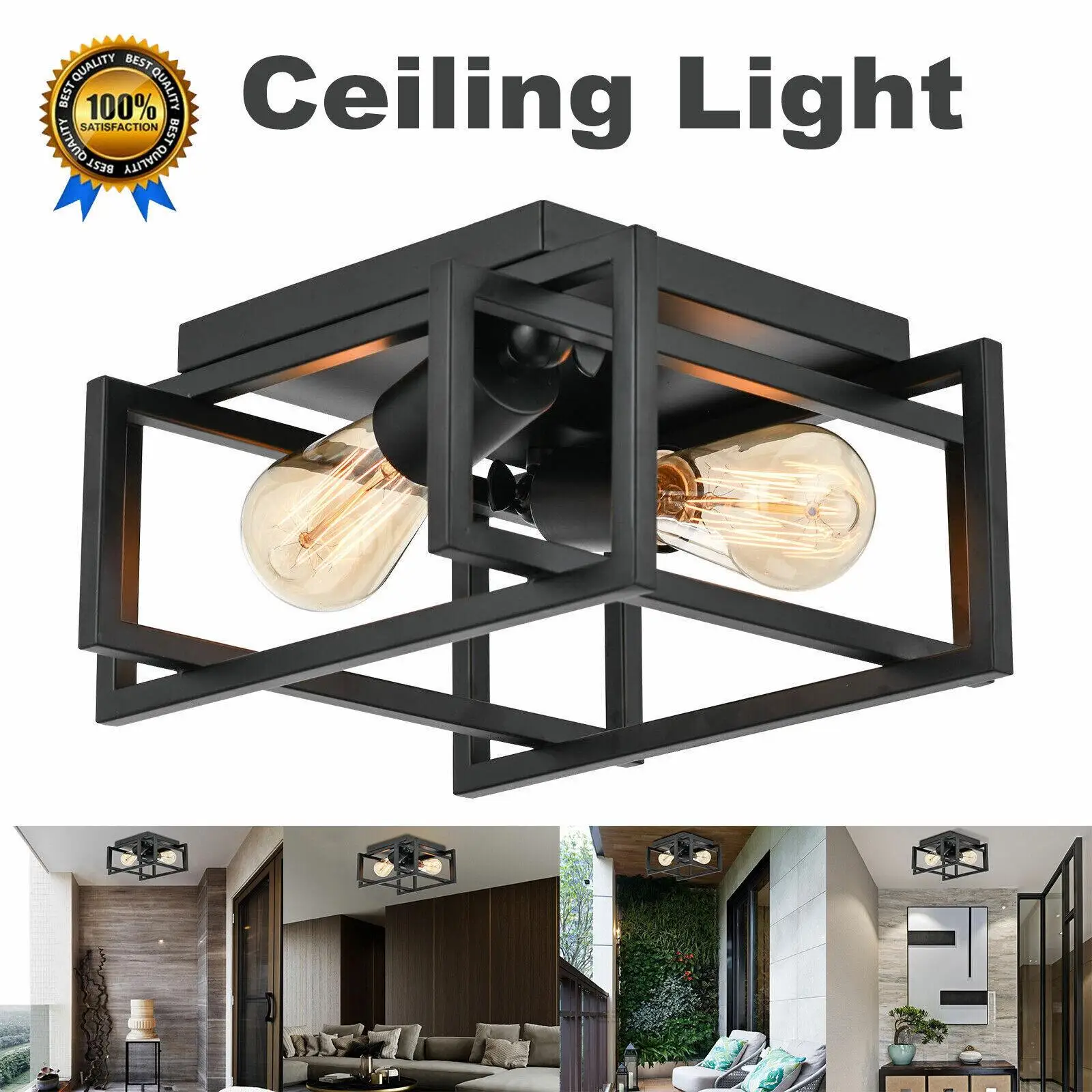 2-bulb Industrial Ceiling Lamp Farmhouse Flush Mount Matte Black Led Lights