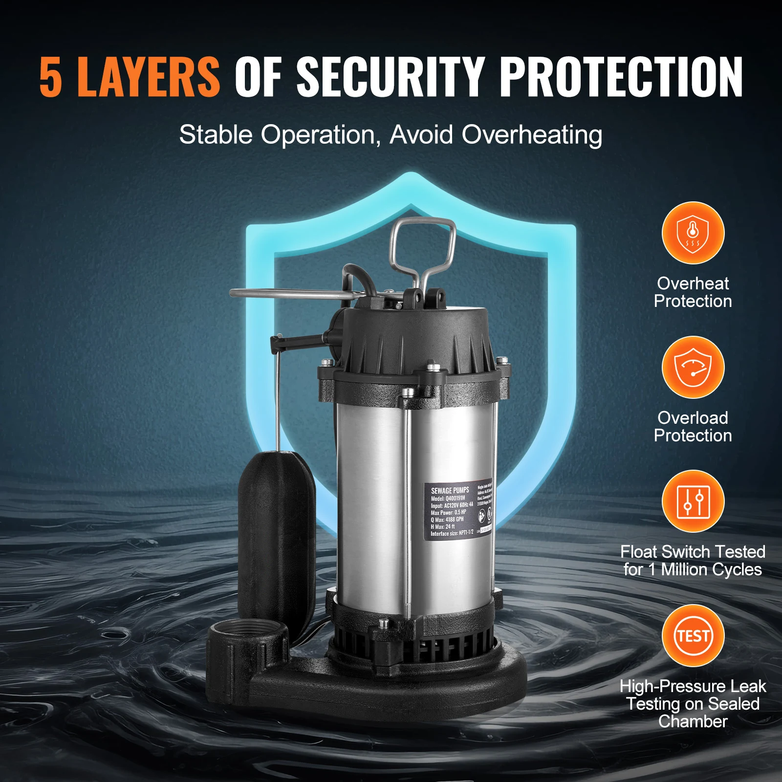 مضخة مياه الصرف الصحي الغاطسة SucceBuy من الحديد الزهر مع مفتاح تعويم تلقائي من الفولاذ المقاوم للصدأ لمزرعة ساحة الطابق السفلي النظيف #5