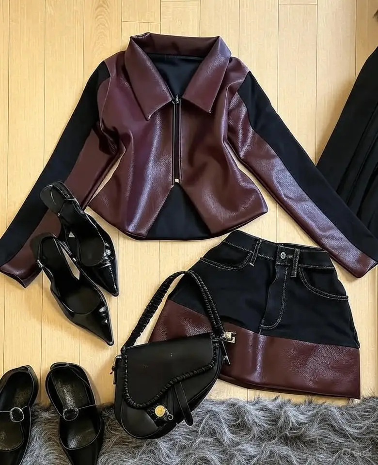 Traje vaquero de cuero con bloques de colores para mujer, moda gótica, Retro, marrón, Y2K, chaqueta con cremallera, minifalda, conjunto de dos piezas con costuras en bloques de colores