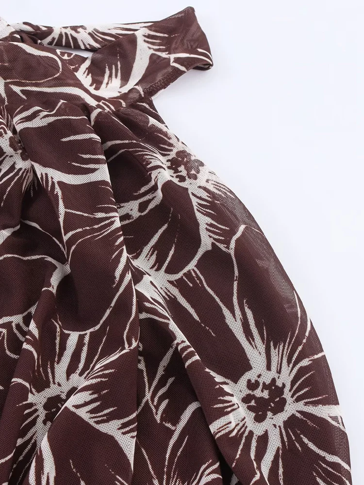 Stile europeo e americano autunno nuova moda abbigliamento femminile senza maniche scollo all'americana abito lungo senza schienale in tulle stampato