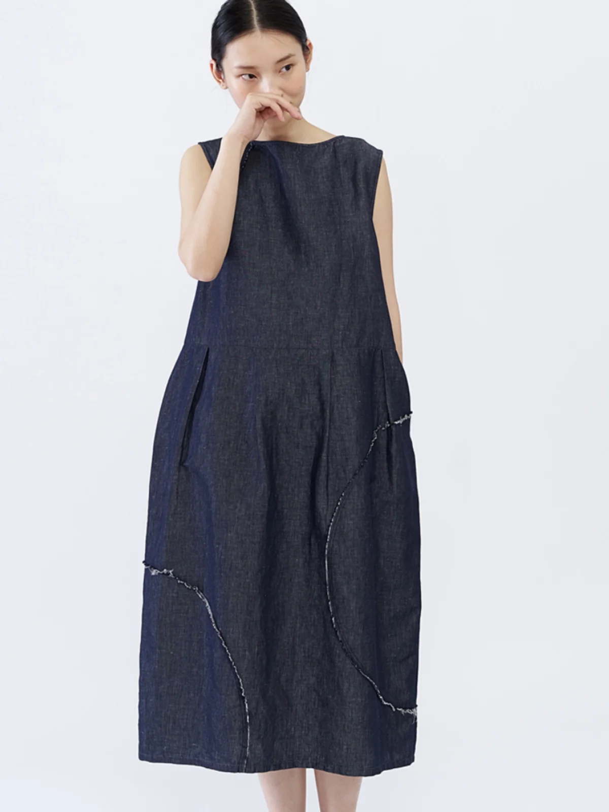 

Original Cotton Linen Denim Svel Layered Vest Skirt Hemline Long Summer Dr Women Loose H-ape Pure Color Stand Collar