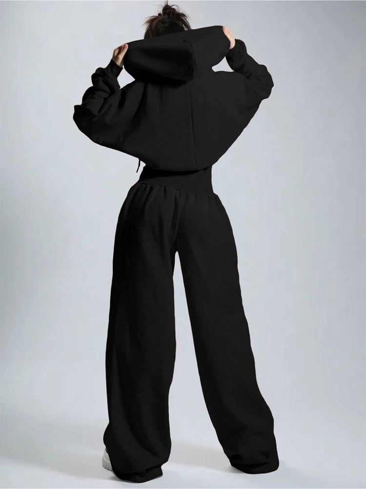 JENYAGE Damen Trendiger, weicher, dehnbarer, mit Fleece gefütterter, einfarbiger, langärmliger, kurzer Overall mit weitem Bein und Kapuze, Kordelzug, lässige Loungewear – Detail 4