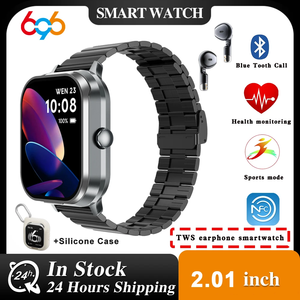 

New 2 In 1 TWS Headset Blue Tooth Call Smart Watches Sports Fitness Waterpoof Smartwatch Heart Rate Music Weather Headphone NFC