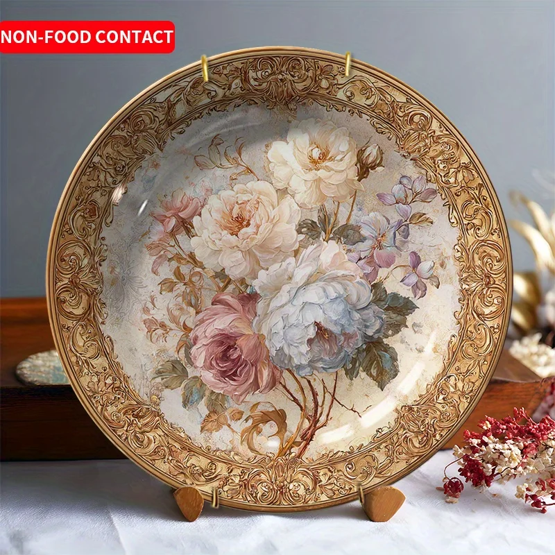 1pc Elegant Floral Ceramic Decorative Plate - Hand-Painted Pink Roses, Greenery & Golden accents - Non-Food Contact Decorative