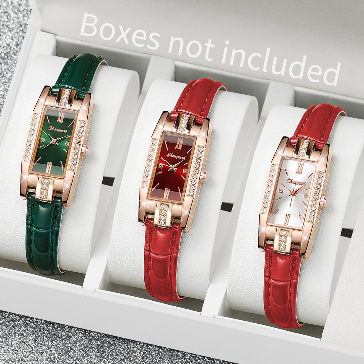 3PCS/Set Women's Watches Fashion Rectangle Quartz Watch Leather Band Wristwatches Set（Without Box）