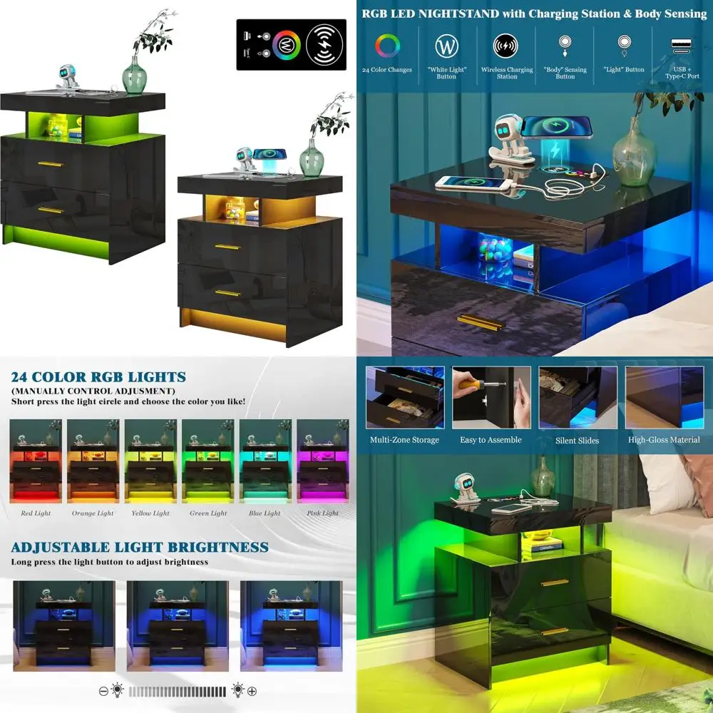 مجموعة منضدة شحن لاسلكي مع منافذ USB/Type-C وإضاءة RGB LED، وطاولات بجانب السرير حديثة لديكور المنزل الأنيق