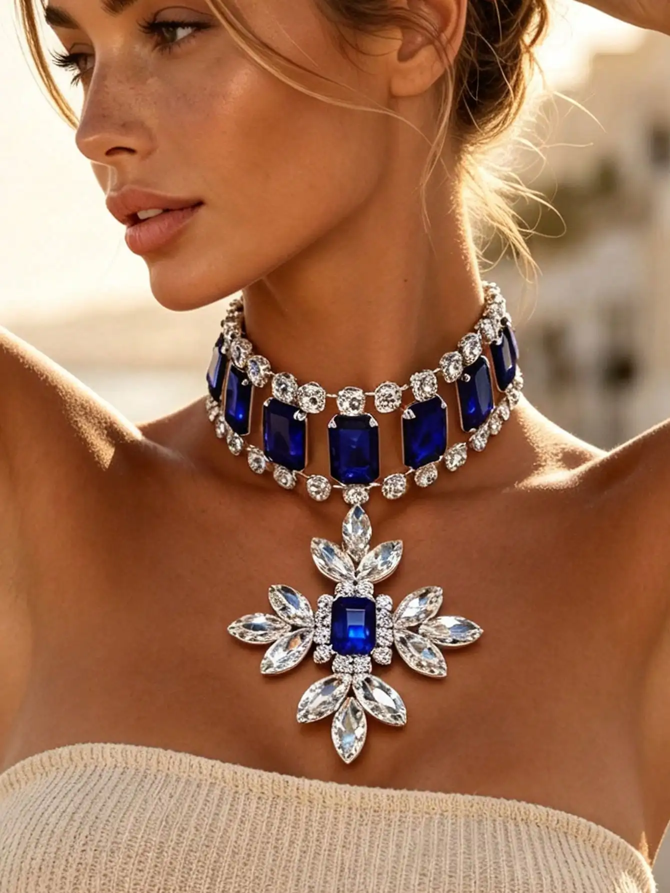 Große geometrische Anhänger-Halskette, Red-Carpet-Schmuck, auffällige Dubai-Strass-Choker-Kette für Damen, Party – Detail 1