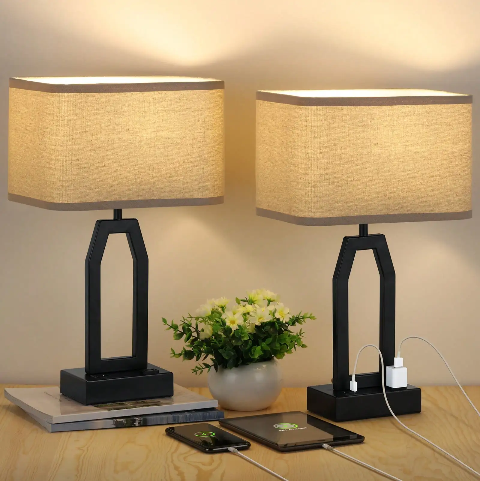 Bedside Lamps Set Of 2, Touch Control Table Lamps With Dual USB Ports And 2-Prong AC Outlet 3 Way Dimmable Nightstand Lamp With Rectangular Flaxen Fabric Shade For Bedroom Living Room Dorm (LED Bulbs Included)sr260520154264266016806