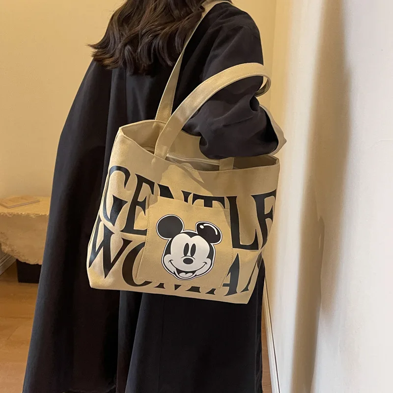 Disney Large Capacity Canvas Bag Women\'s 2024 New Trendy Cartoon Mickey Tote Bag College Student Class Shoulder Tote Bag