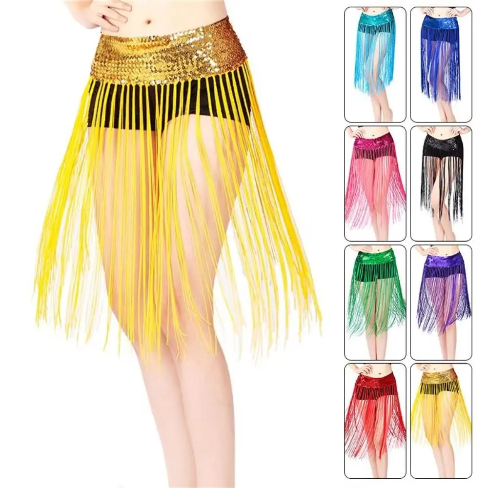 Boho Creative Belly Dance Belt Glitter Sequins Wrap Skirt Sequin Waist Chain Long Tassel Classic Hip Scarf Skirt Belly Dancing