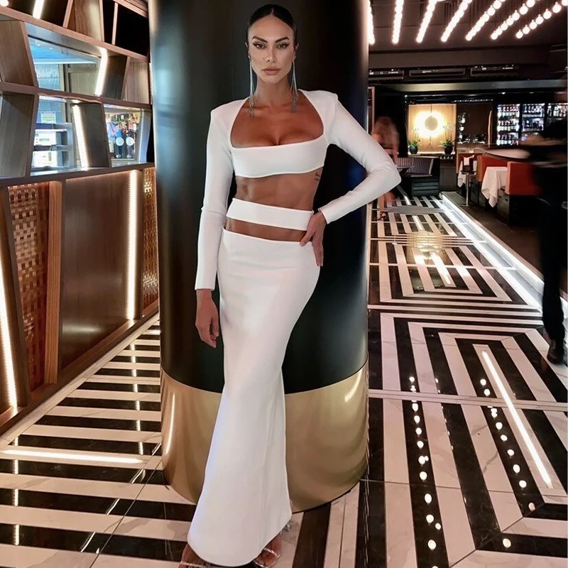 Factory Wholesale Woman's Multi-Color Long Sleeve Bandage Top&Long Skirt Sexy Celebrity Cocktail Party Bandage Two -Piece Set