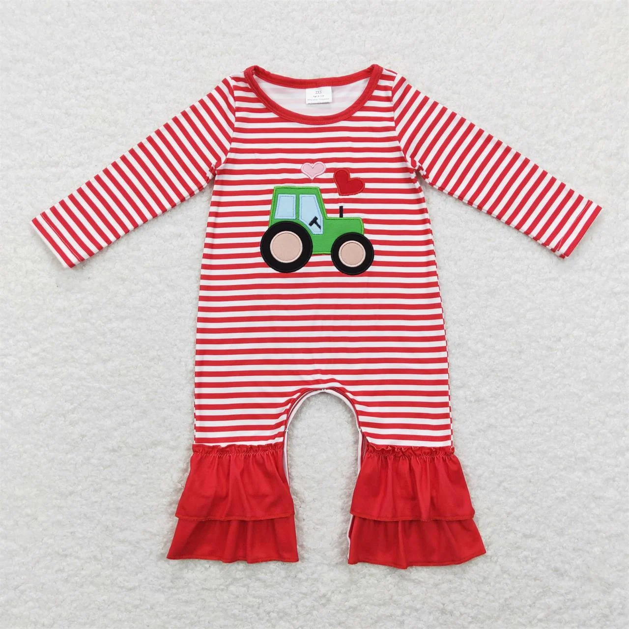 Wholesale Children Toddler Embroidery Tractor Hearts Romper Newborn Infant Stripes Kids Baby Boy Girl Valentine's Day Jumpsuit