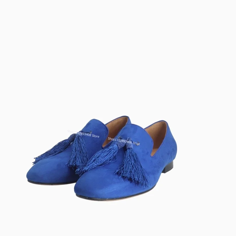 

Blue Tassel Style Shallow Pumps Solid Round Toe Men Loafers Shoes Square Heel Summer and Spring Big Size Shoes Zapatillas Mujer