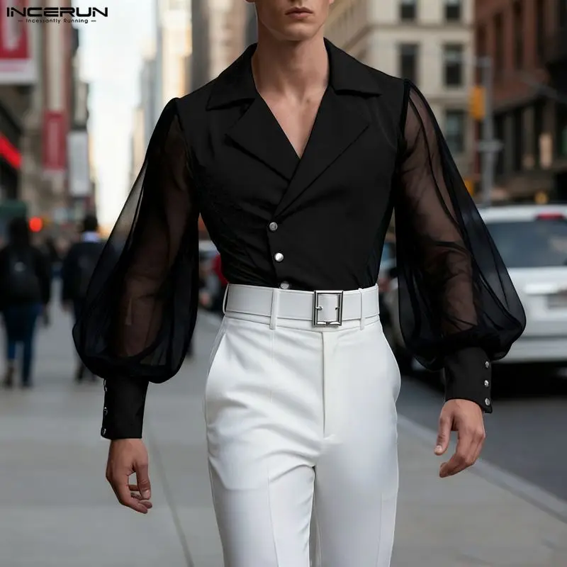 INCERUN Men Blazer Mesh Patchwork Lapel Long Sleeve See Through Male Suit Streetwear Sexy Button 2026 Fashion Casual Thin Coats