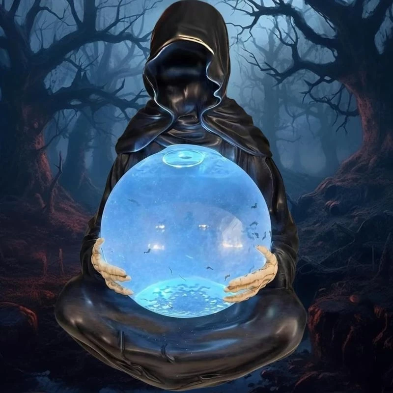 Halloween Death God Sculpture With Liquid Motion Crystal Ball and Floating Bats Resins Ornament LED Lighted Water J0MC