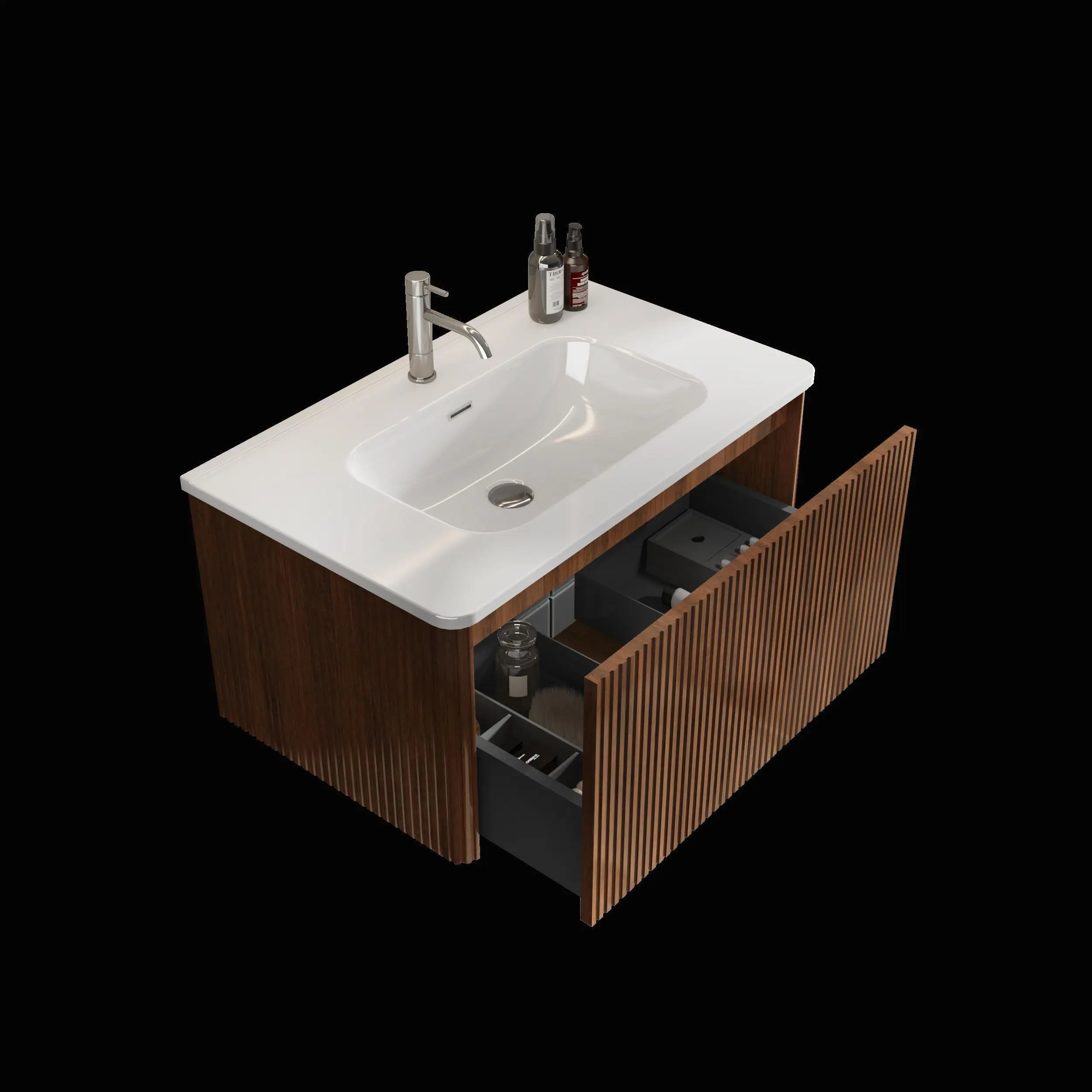 30 Striped Walnut Floating Bathroom Vanity with  Ceramic Sink - for modern Wall-Mounted Design, No Drain/Faucet Included