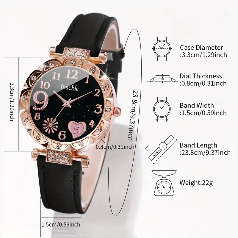 6PCS/Set Women\'s Watches Fashion Rhinestone Heart Dial Leather Band Quartz Watch Leaf Bracelets Set(Without Box)